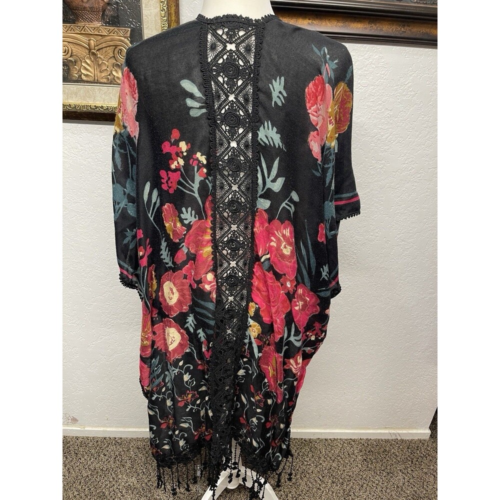 Woven Heart Women’s L Black Floral Kimono Duster Crochet Lace Boho Coverup, Used - Picture 6 of 6